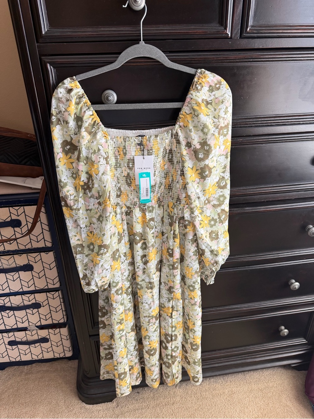 Stitch Fix Floral Smocked Midi Dress in Yellow & Olive